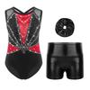Girls Dance Performance Set Shiny Rhinestones Sleeveless Crisscross Back Leotard Metallic Shorts Headwear