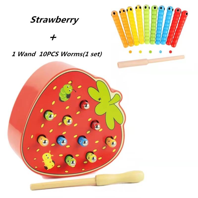 Magnetic Toy Funny Strawberry Shaped And 1 Wand And 10 Worm Game Toy Wooden Educational Toys For Preschool Kids Toddlers