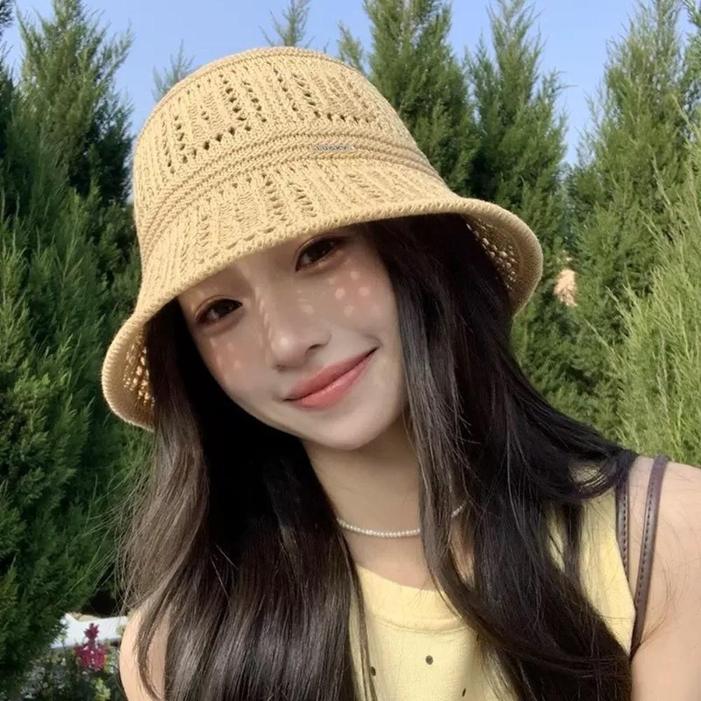 Wide Brim Fisherman Hat Knitted Bucket Hat Fashion Hollow Beach Cap  Summer