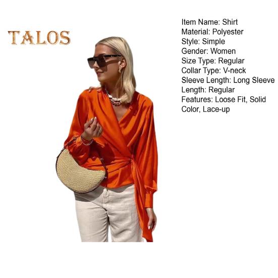 Women Shirt V-neck Side Lace-Up Lantern Long Sleeve Pullover Tops Solid Color Work Casual Blouse Daily Wear