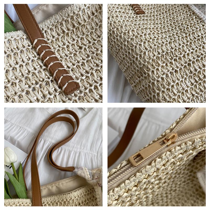 Summer Large Capacity Handbag Ladies Shoulder Bag Fashion Handmade Straw Bag Hundred Ladies Tote Bag Silk Scarf Decoration