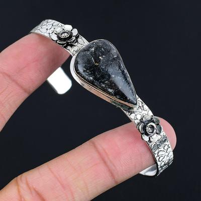 Memorial Day Deal Natural Black Fossil Coral Bangle Bracelet 925 Sterling Silver