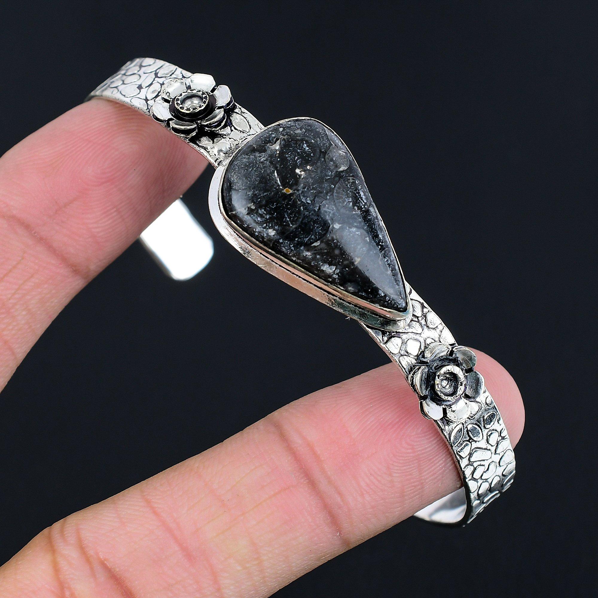 

Memorial Day Deal Natural Black Fossil Coral Bangle Bracelet 925 Sterling Silver Adjustable