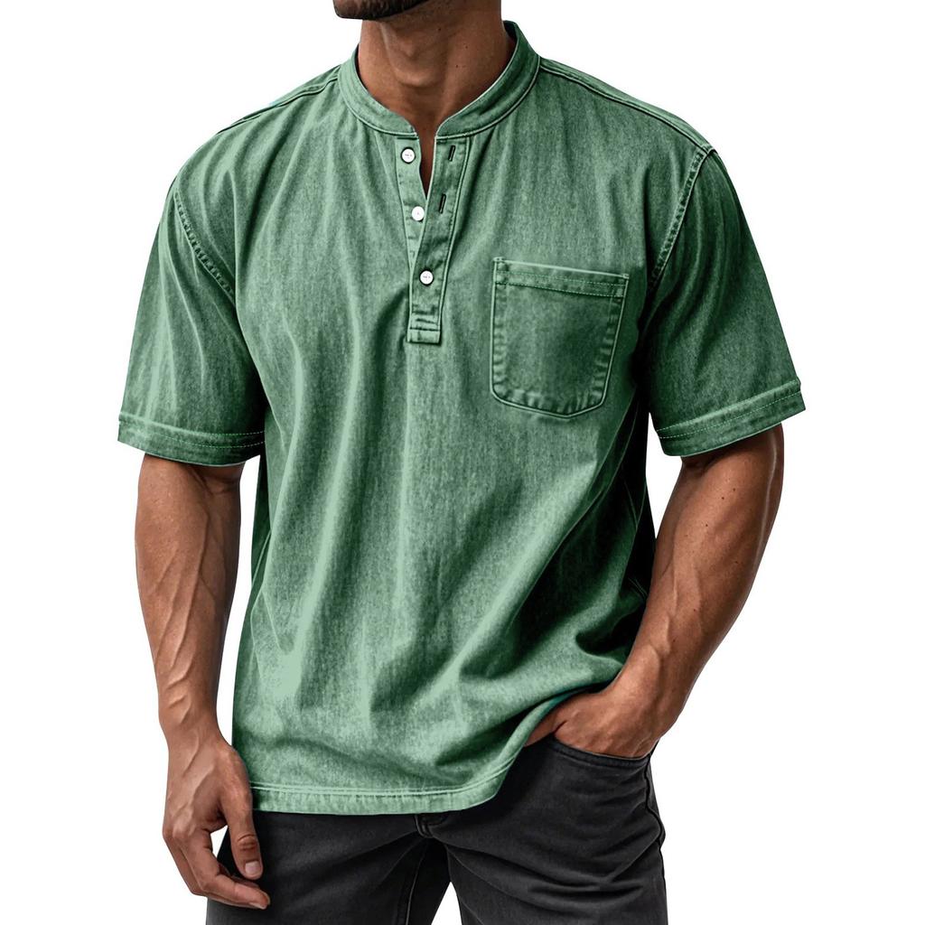 Men's Summer Round Neck Short Sleeve T-Shirt Neck Men's All- Casual Button Shirt