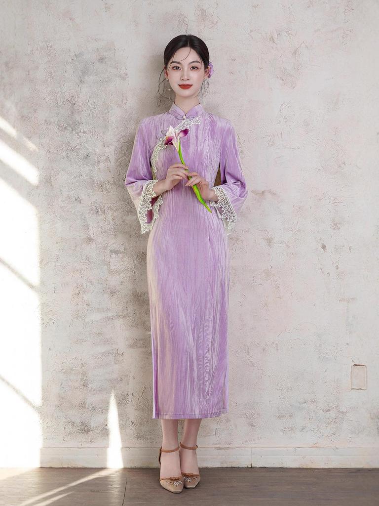Youthful Purple Cheongsam: New 2025 Autumn/Winter Long Sleeve Chinese Style Dress