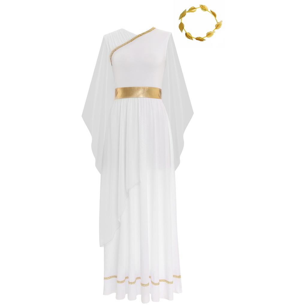 Damen Halloween Griechische Schönheits Kostüm Goldene Blätter Girlande Kopfschmuck Chiffon Kappenärmel Antikes Toga Kleid