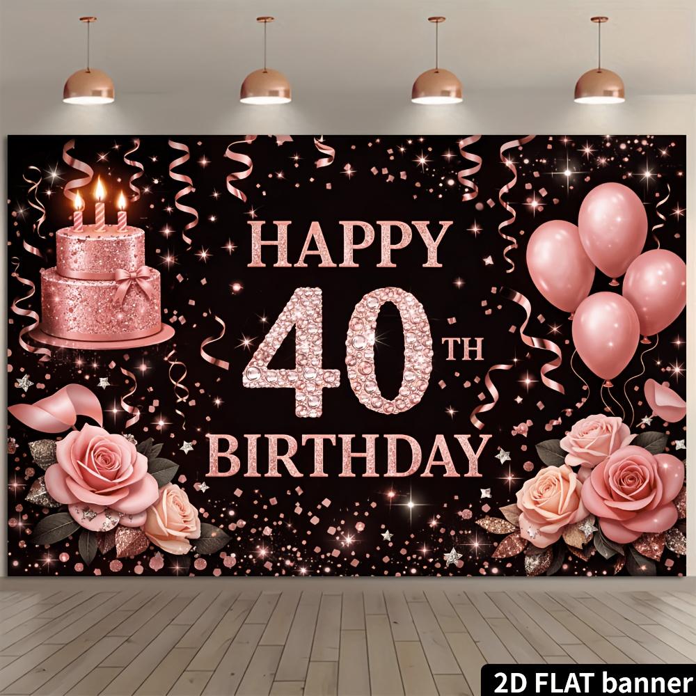 2D plane 40th birthday party backdrop fabric  black background with rose gold glittering diamonds theme  featuring pink roses