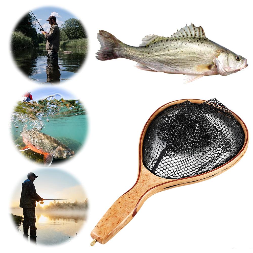 Wooden Handle Fly Fishing Landing Net Soft Rubber Mesh Catch and Release Net Floating Fishing Net Outdoor Fishing Accessories