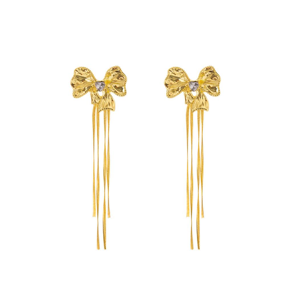 French Retro Diamond-Encrusted Bow Fringed Earrings, High-End Niche Exquisite Temperament Earrings