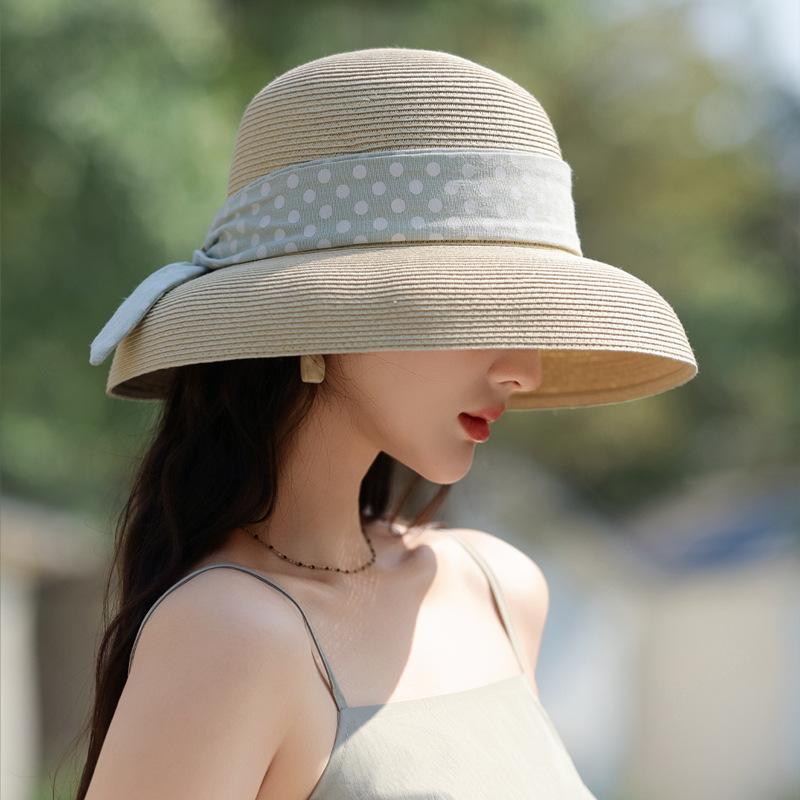 Summer new hat women's polka dot streamer sun hat Lafite straw hat travel sunscreen visor
