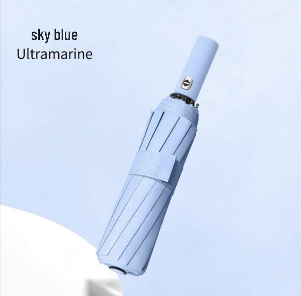 Fully Automatic Windproof Three-Fold Umbrella with Reinforced Structure and Black Sun Protection Coating, Customizable Logo Available.