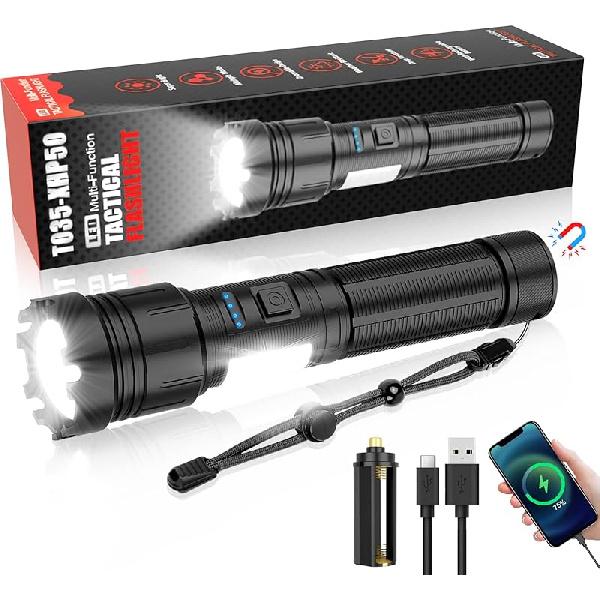 Flashlights High Lumens Rechargeable (Battery Included), 100000 Lumens XHP70.2 Super Bright LED Flashlight with Holster, Type-C, 5 Modes, Zoomable,
