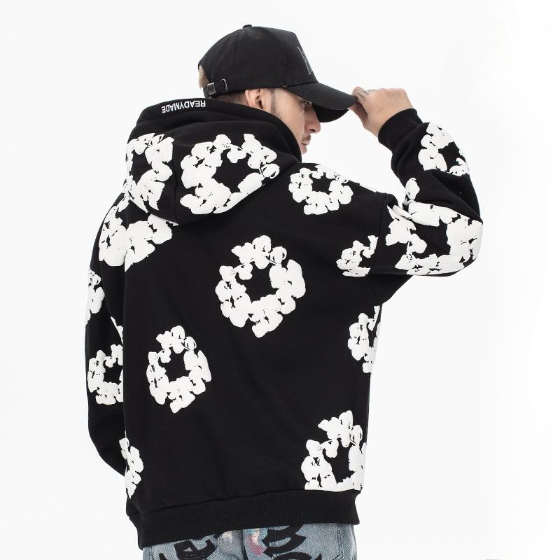 RogueWave Autumn and Winter Black Hooded Flower Print Sweatshirt White Flower Pattern Men's Casual Top
