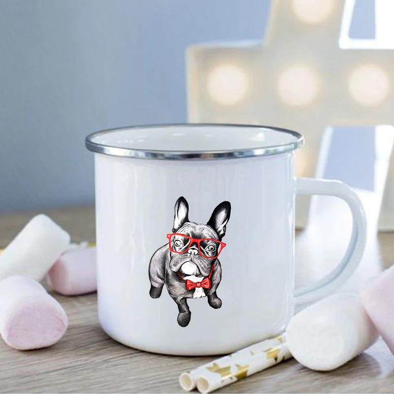 French Bulldog Print Enamel Mug Creative Coffee Cups Drinks Dessert Breakfast Milk Cup Vintage Mugs Handle Drinkware Best Gifts