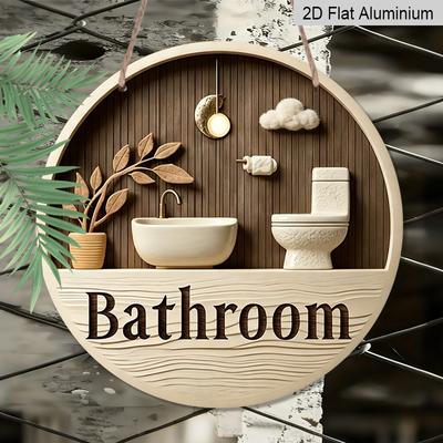2D Flat, 1pc Round Aluminum Hanging Sign, Modern Aluminum Bathroom Sign, Retro Decorative Pendant with Sink & Plant, Home Restroom Homestay Resort