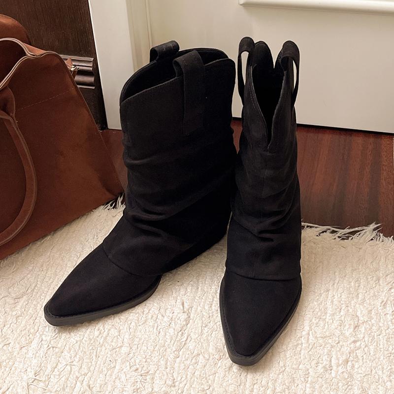 

Fashion Autumn Winter Faux Suede Mid Calf Boots Women Plus Size Thick Heels Western Boots Woman Slip On Pointed Toe Riding Botas Mujer 35 чёрный