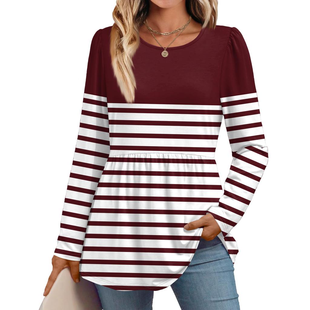 Women's Casual Fashion Long Sleeve Shirt Striped Tunic Top