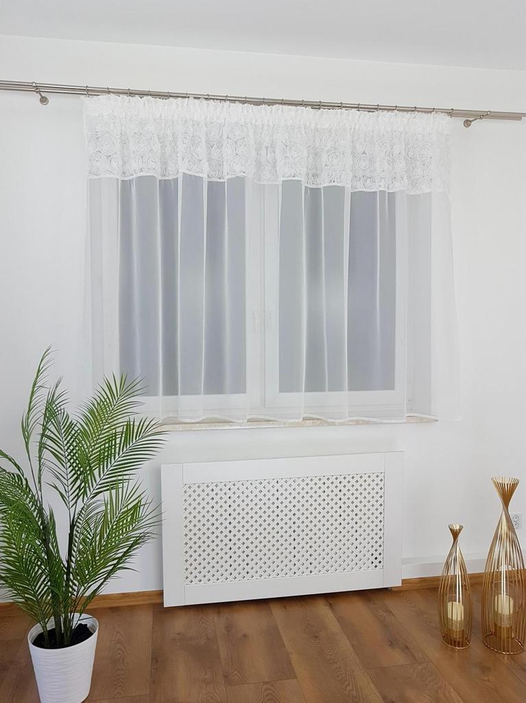 Ready-made curtain 300x150 cm - voile and mesh, 3D roses, gathering tape, white