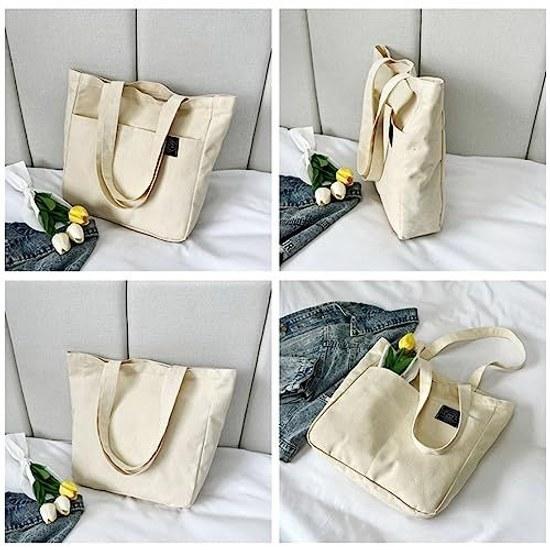 Deoway tote bag women men large capacity canvas A4 storage zipper shoulder strap plain. that can store size items. It features prevent items from out