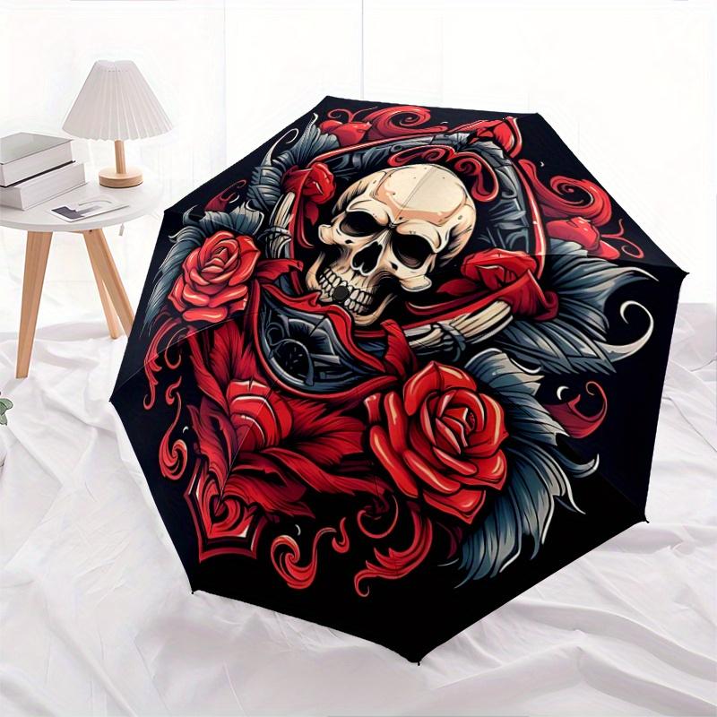 

1pc Skull and Roses Design Pattern Beautiful Looking Automatic Folding Umbrella, 3 Folding, 8 Iron Frame Design, Durable and Suitable for Travel and D