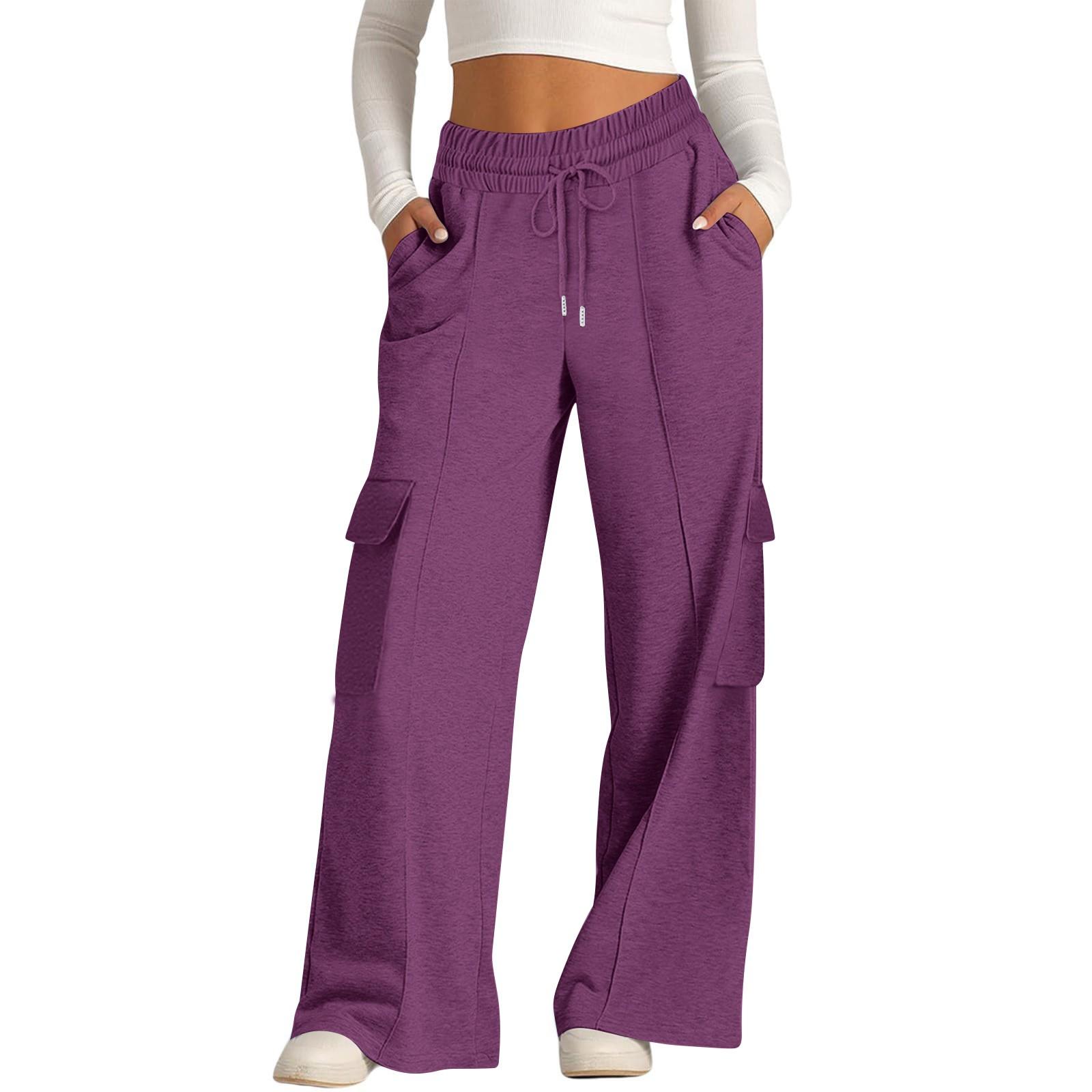 

Women s Casual Fashion Solid Color Elastic Waist Drawstring Workwear Wide Leg Pants With Pockets L фіолетовий