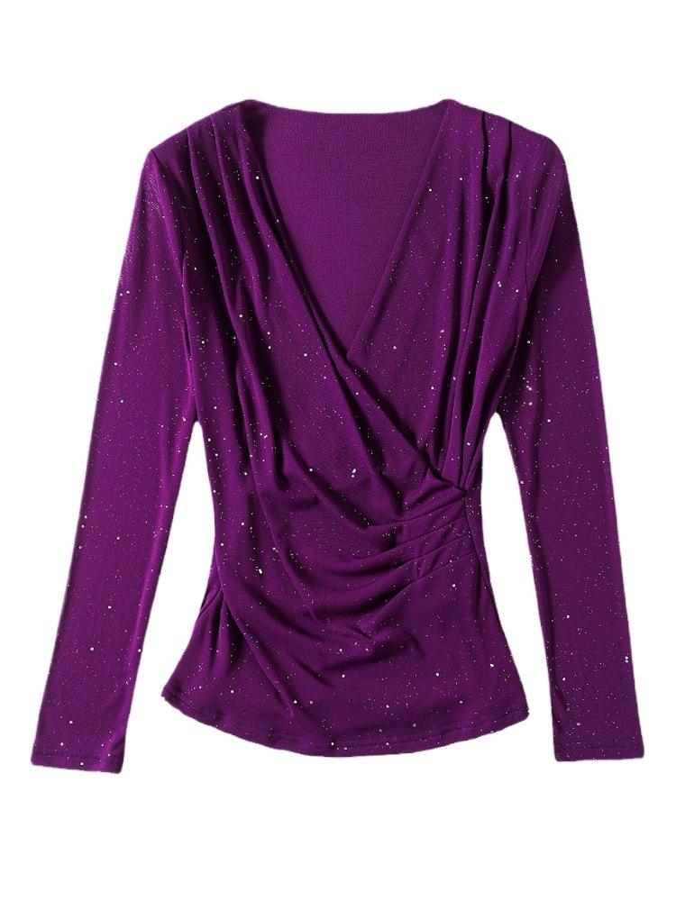 Korean Mesh Print Cross V-neck Bottoming Shirt Women's Fall Inside The Long-sleeved T-shirt Glitter Silk Tops Fashionable Small Shirt