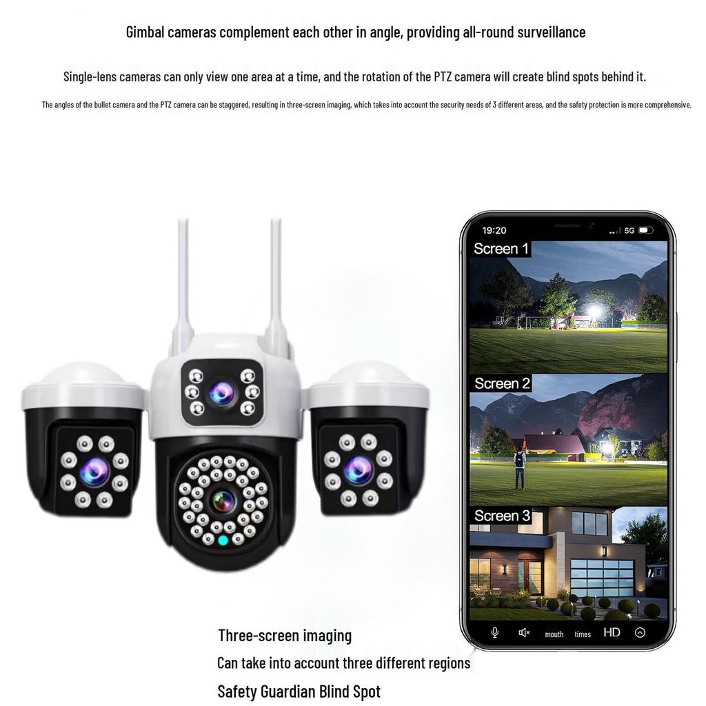 V380 Wireless Home WiFi Camera with Three-Lens, Three-Screen Mobile Remote Monitoring