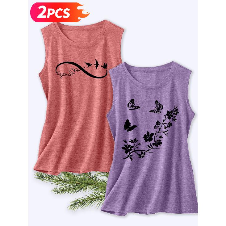 Follow a Specific Direction Two-piece Women's Tank Top with Butterfly and Floral Print Elegant Summer Party Outfits Sleeveless Vest Essential Fashion
