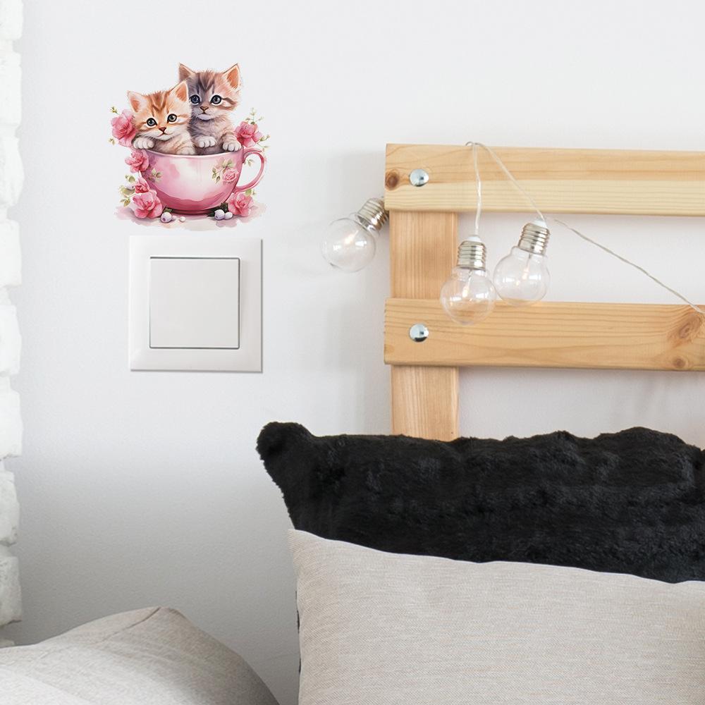 Whimsical Teacup Cat with Flowers Light Switch Stickers Playful Cartoon Decals for Living Room and Hallway Decor
