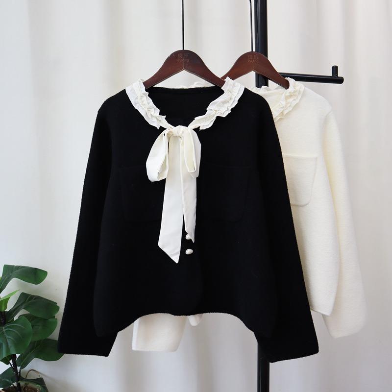 Autumn and Winter New Lace-up Bow Knitted Double-sided Cardigan Loose Temperament Sweater Jacket Women