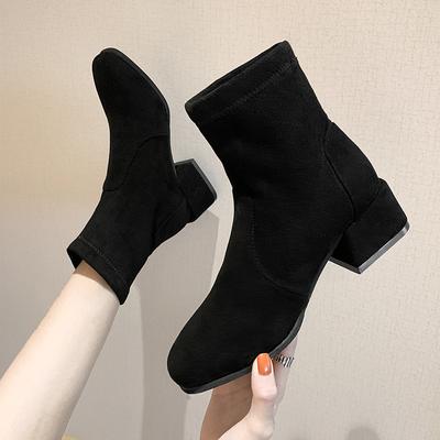  New Autumn and Winter New Thick Heel Square Toe Boots Short Boots Fashion Stitching Suede Gentle Slim Boots Women D101