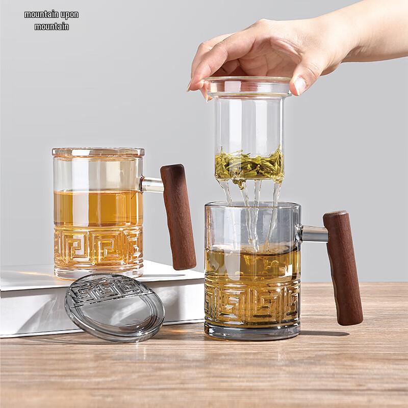 Meander Pattern Tea Infuser Glass Cup with Wood Handle