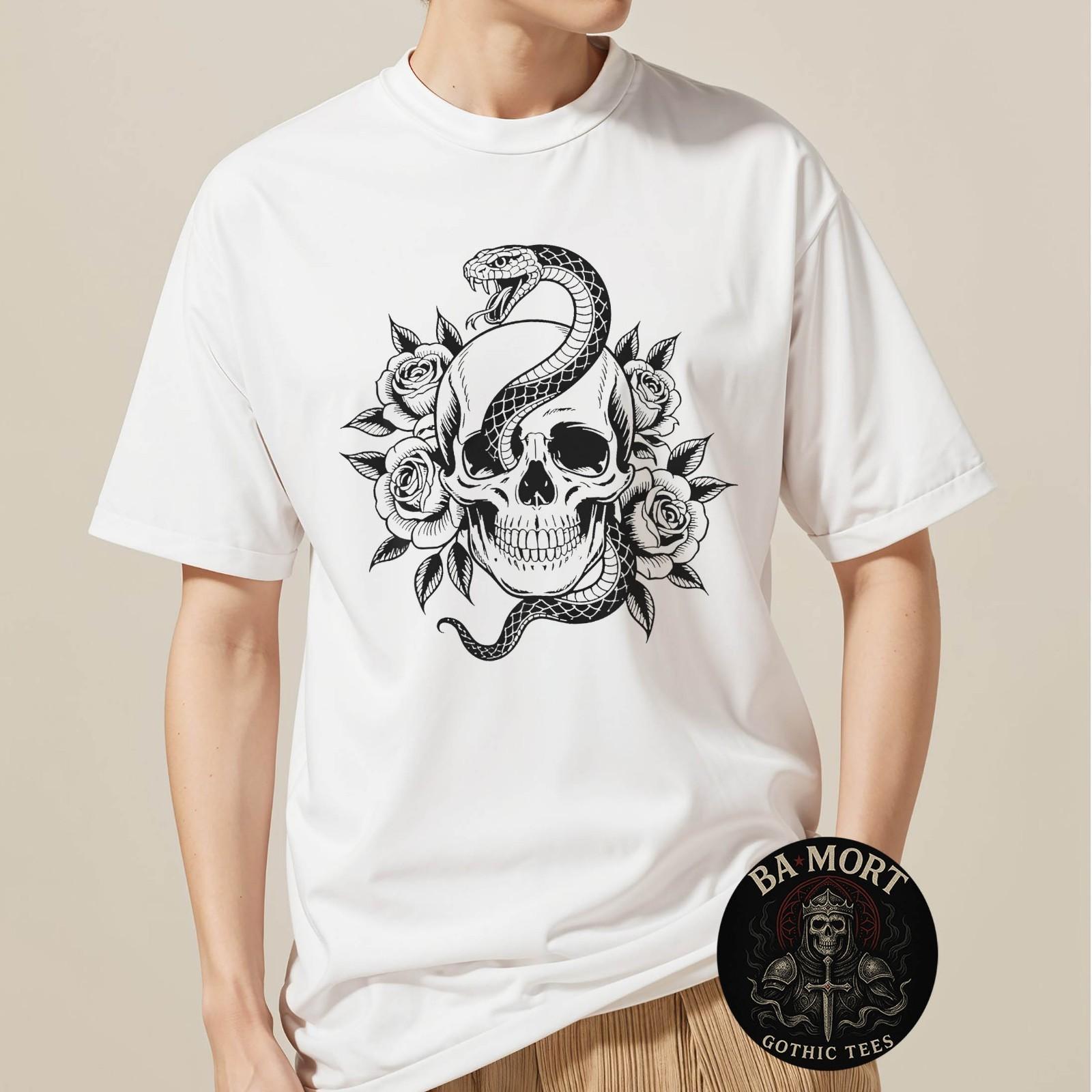 Vintage Gothic Skull Snake Roses Tattoo Style Tattoo Lover T-Shirt S