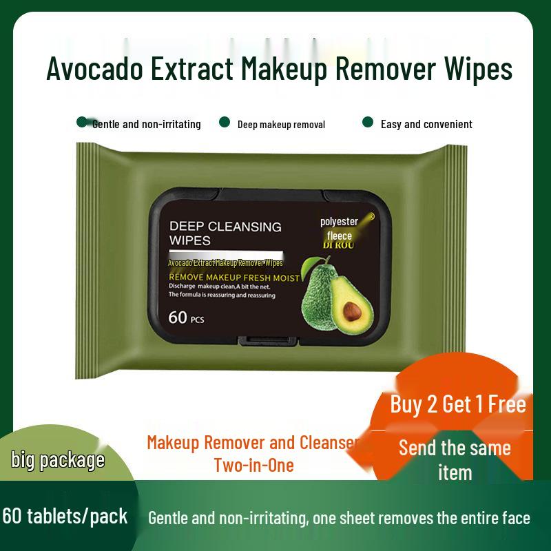 Avocado 3-in-1 Makeup Remover Wipes - 60 Pieces for Eye, Lip, and Face Cleansing
