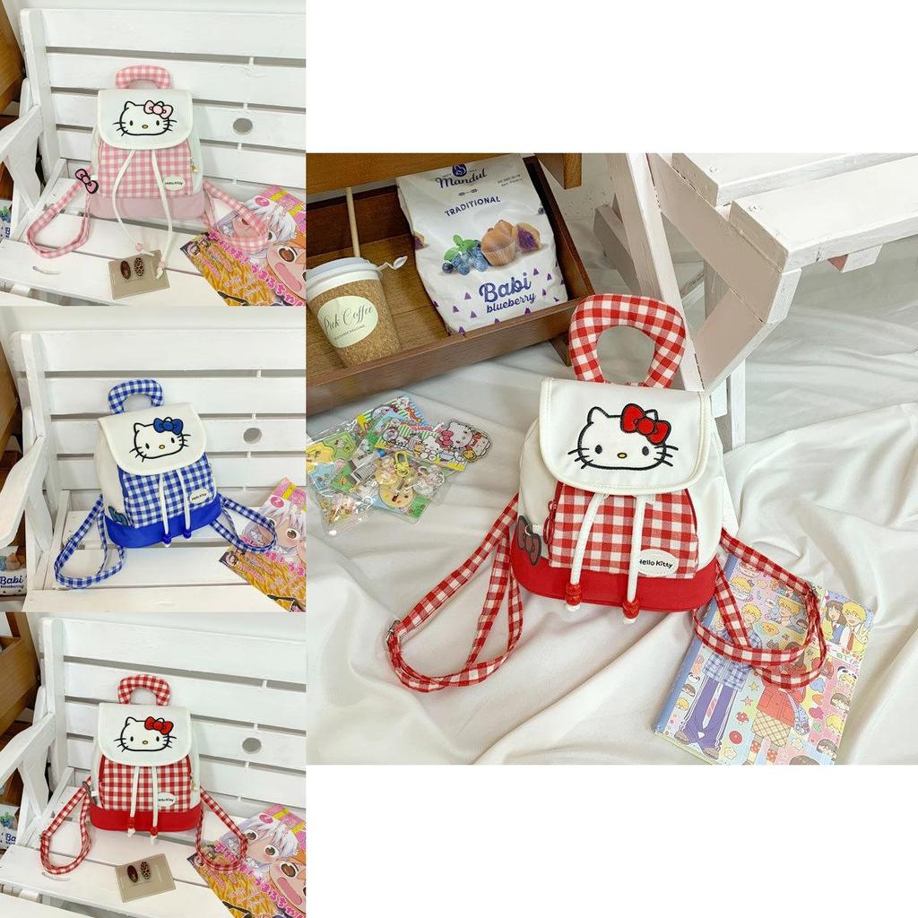 Cute Hello Kitty And Plaid Pattern Girl Canvas Backpack For Daily Use