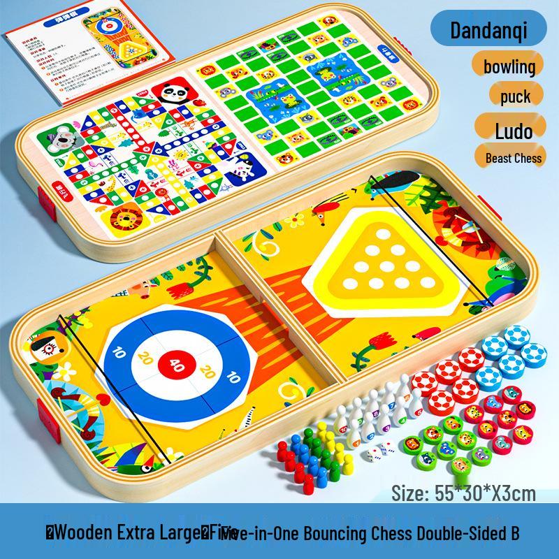 Hobby Bounce Multifunctional Wooden Double-Sided Board Game: Chess, Flying Chess, Ice Hockey, Bowling Toy for Kids