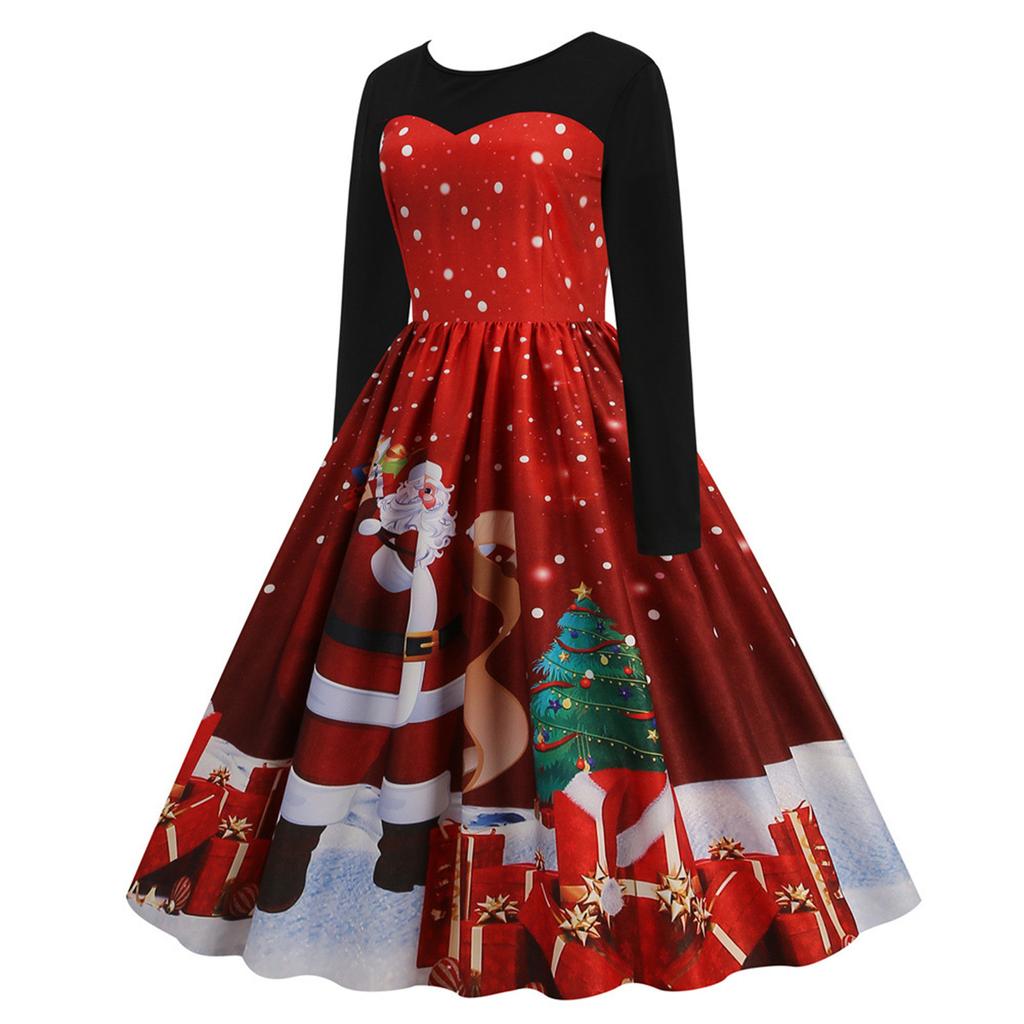 Vintage 1950s Christmas Dress for Women Retro Santa Print Long Sleeve Party Dresses for Women 2024