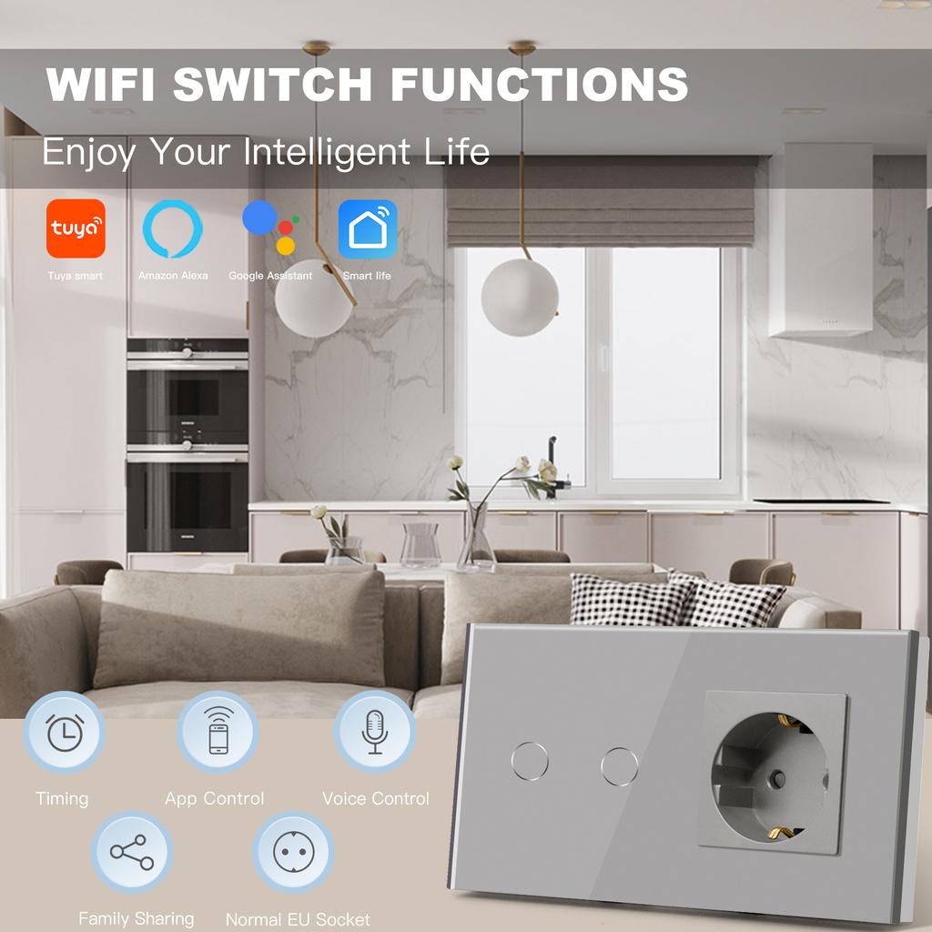BSEED Wifi Smart Touch Switches 1/2/3Way For Stairs Plus Normal EU Wall Sockets Tuya Smart Life Alice App Control Gray Series