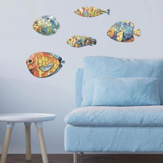 5 Pcs Wood Fish Wall Art Nautical Hanging Fish Wall Decor Rustic Fish Farmhouse Wall Sculpture for Beach Lake House Bathroom Decoration