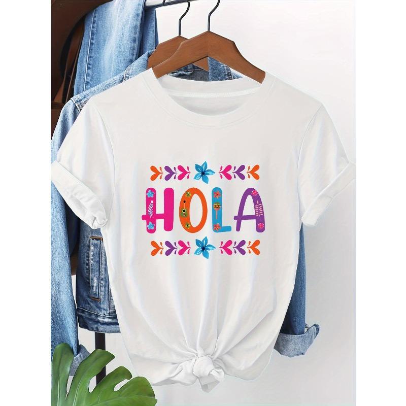 Women s Plus Size HOLA Floral Print T-Shirt Casual Round Neck Short Sleeve Summer Top S белый