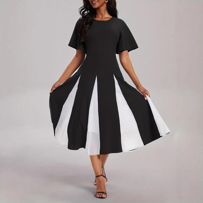 Damen Farbe Chiffon Spleißen Rundhals Kurzarm Swing Kleid Frühling Sommer Stil