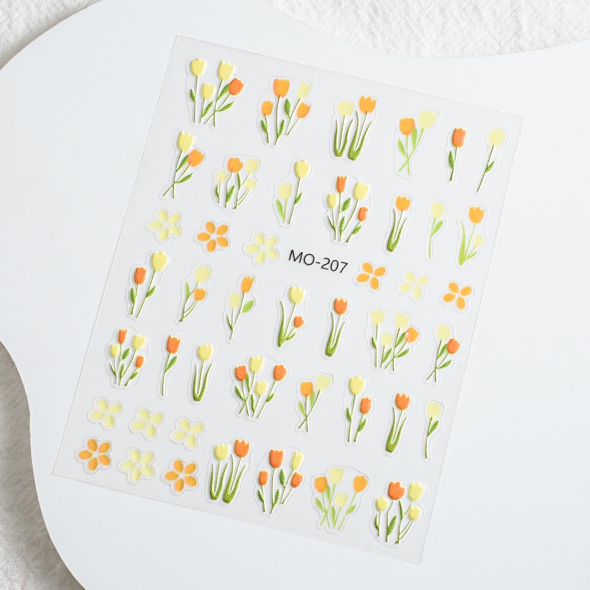 Golden Osmanthus & Tulip Nail Stickers - Embossed Floral Decals with Adhesive Backing.