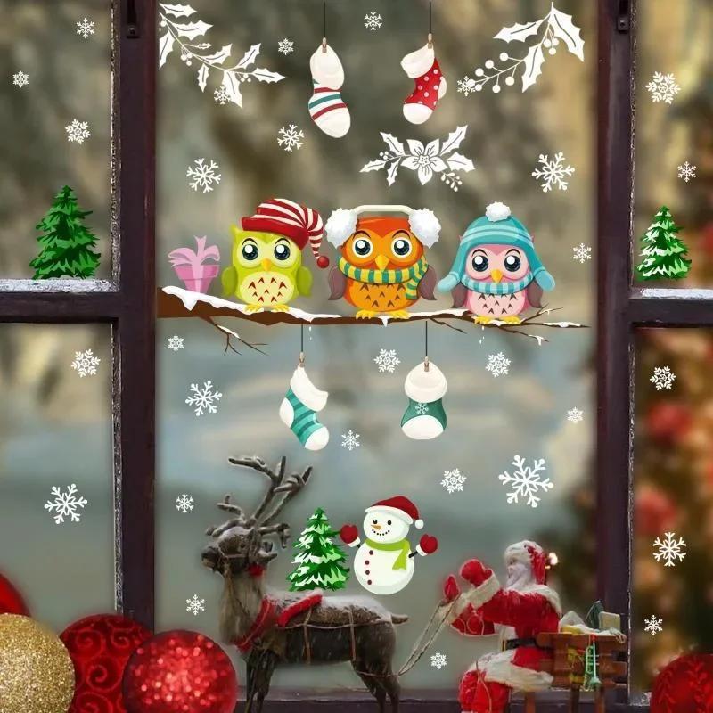 1pc Christmas Tree Branch Owl Penguin Snowflake Electrostatic Sticker Window Flim Creative Minimalist Home Decorations