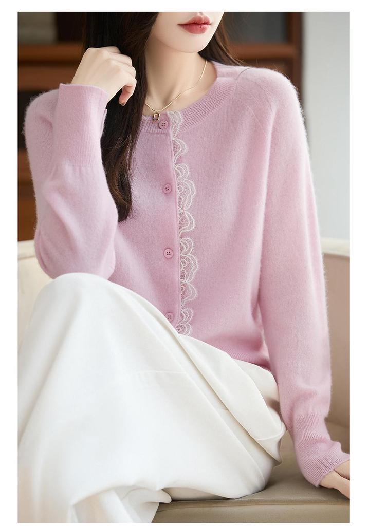 Autumn/Winter Women's 100% Pure Wool Lace Trim Knit Cardigan - Long Sleeve Round Neck Loose Sweater