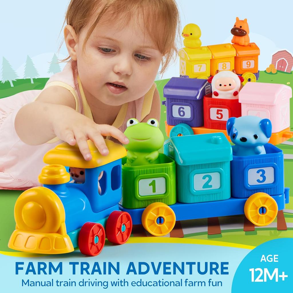 JOYFY Learning Farm Train Counting Matching & Sorting Montessori  Including 9 Farm Animals for Baby Christmas Birthday Gift