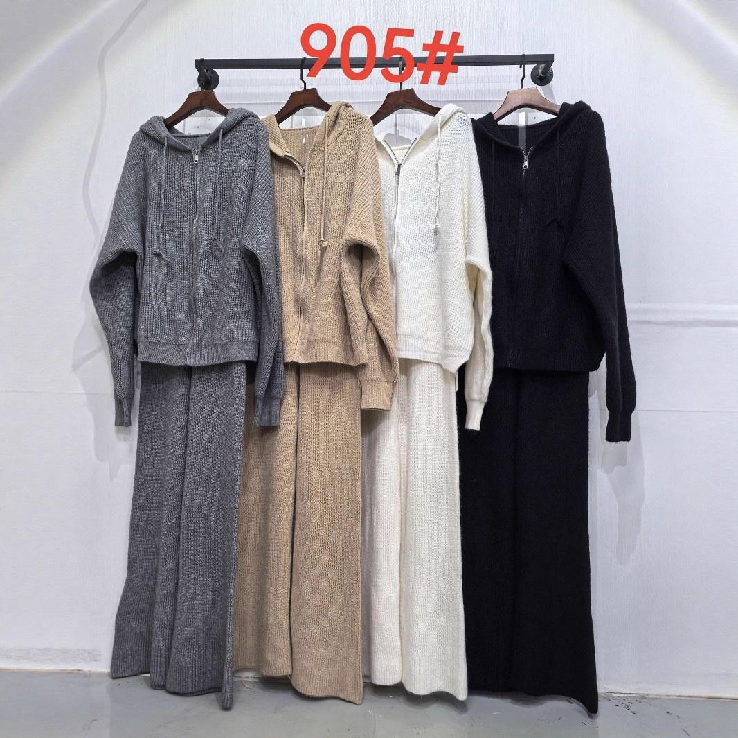 

Ленивый стиль Полный комплект вязаного кардигана с капюшоном на молнии Женский осенне-зимний повседневный костюм-двойка с широкими брюками M