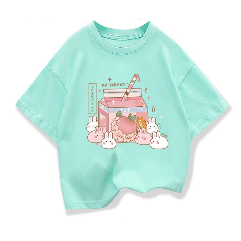 Girls Loose Strawberry Milk Shake Casual T-shirt Kids Short-Sleeve Cartoon Graphic Pink Summer Kids Clothing Tops Tee