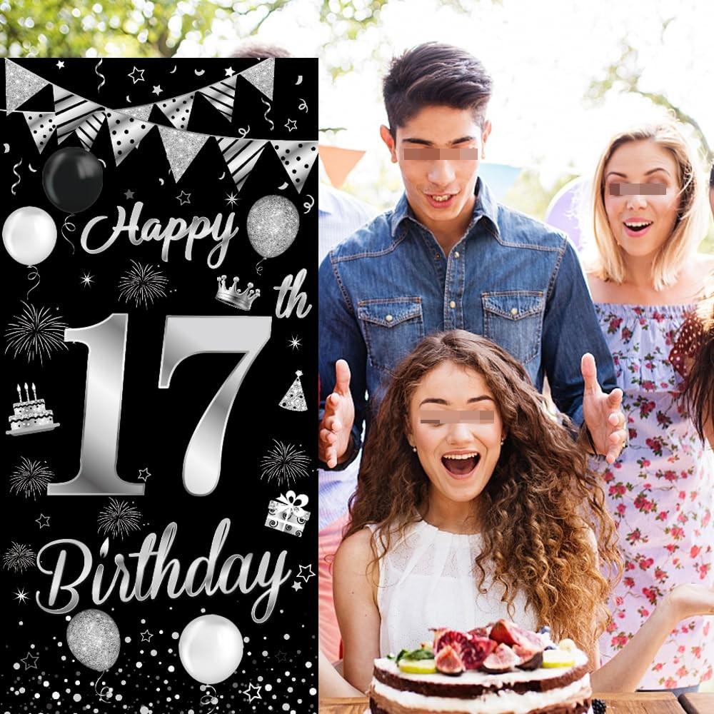 17 Birthday Decorations Happy 17th Backdrop Banner black sliver