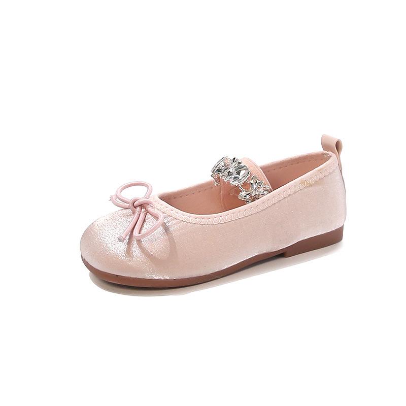 Girls Flat Shoes Round Toes Simple Bows Kids Leather Shoes Shiny Crystal 2025 Spring Autumn Girls Princess Shoes Soft Sole Ins