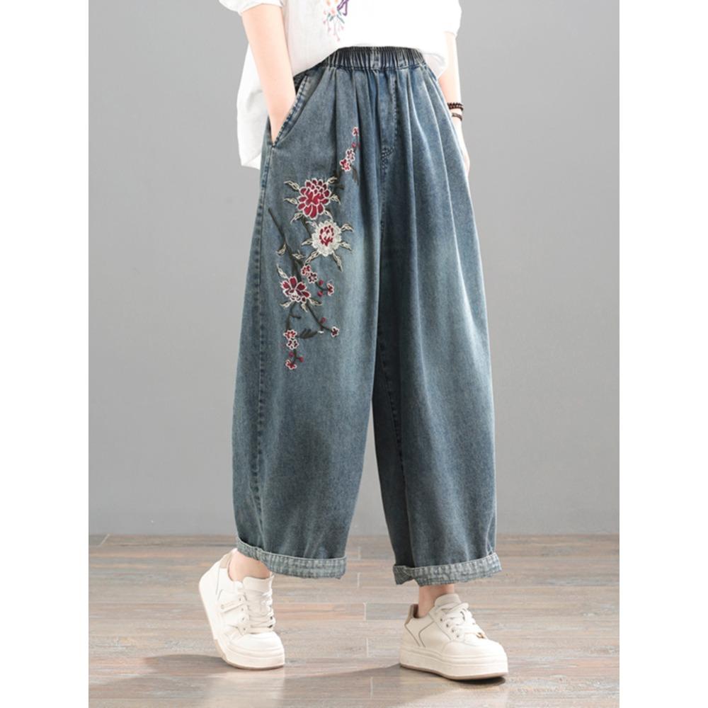 Dimanaf 2025 Sommer Damen Jeans Lässig Bestickte Blumen Haremshosen Hohe Taille Elastische Grundlegende Lose Haremshosen